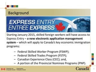 Starting January 2015, skilled foreign workers will have access to
Express Entry – a new electronic application management
system – which will apply to Canada’s key economic immigration
programs:
– Federal Skilled Worker Program (FSWP);
– Federal Skilled Trades Program (FSTP);
– Canadian Experience Class (CEC); and,
– A portion of the Provincial Nominee Programs (PNP).
2
Background
 