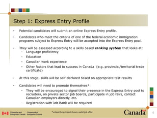 6
Step 1: Express Entry Profile
• Potential candidates will submit an online Express Entry profile.
• Candidates who meet the criteria of one of the federal economic immigration
programs subject to Express Entry will be accepted into the Express Entry pool.
• They will be assessed according to a skills based ranking system that looks at:
- Language proficiency
- Education
- Canadian work experience
- Other factors that lead to success in Canada (e.g. provincial/territorial trade
certificate)
• At this stage, skills will be self-declared based on appropriate test results
• Candidates will need to promote themselves*:
- They will be encouraged to signal their presence in the Express Entry pool to
recruiters, on private sector job boards, participate in job fairs, contact
Canadian employers directly, etc.
- Registration with Job Bank will be required
*unless they already have a valid job offer
 