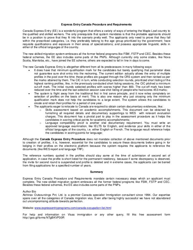 Express entry canada procedure and requirements