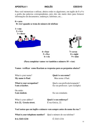 APOSTILA 1 INGLÊS CEESVO
10
Para você memorizar e utilizar, abaixo estão os algarismos, em inglês de 0 a 9 e
a grafia das palavras correspondentes, pois eles são muito úteis para fornecer
informações de documentos, endereços, telefones, etc...
0 = zero
0= /ow/ quando se trata de número de telefone
1 = one
2 = two
3 = three
4 = four 7= seven
5 = five 8 = eight
6 = six 9 = nine
(Para completar vamos ver também o número 10 = ten)
Vamos verificar como ficariam as respostas para as perguntas abaixo?
What is your name? Qual é o seu nome?
My name is Paul. Meu nome é Paul.
What is your occupation? Qual a sua profissão/ocupação?
I am a teacher. Eu sou professor. ( por exemplo)
Ou então:
I am student. Eu sou estudante.
What is your addres? Qual é o seu endereço?
It is 22, Grecia street. É rua Grécia, 22.
Você notou que em inglês o número vem sempre antes do nome da rua ?
What is your telephone number? Qual o número do seu telefone?
It is 3243-1234 É 3243-1234
 