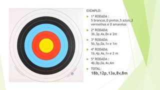 EXEMPLO:
 1ª RODADA :
5 brancos,0 pretos,5 azuis,2
vermelhos e 0 amarelos
 2ª RODADA:
3b,3p,4a,0v e 2m
 3ª RODADA:
5b,5p,0a,1v e 1m
 4ª RODADA:
1b,4p,4a,1v e 2 m
 5ª RODADA :
4b,0p,0a,4v,4m
 TOTAL:
18b,12p,13a,8v,8m
 