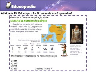 Atividade 15: Educoquiz 3 – O que mais você aprendeu?
Questão 3: Observe a explicação abaixo:
O símbolo representa na nossa numeração:
a) 211
b) 212
c) 221
d) 222 Gabarito – Letra A
 