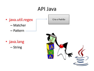 API Java
• java.util.regex         Cria o Padrão

  – Matcher
  – Pattern


• java.lang
  – String
 