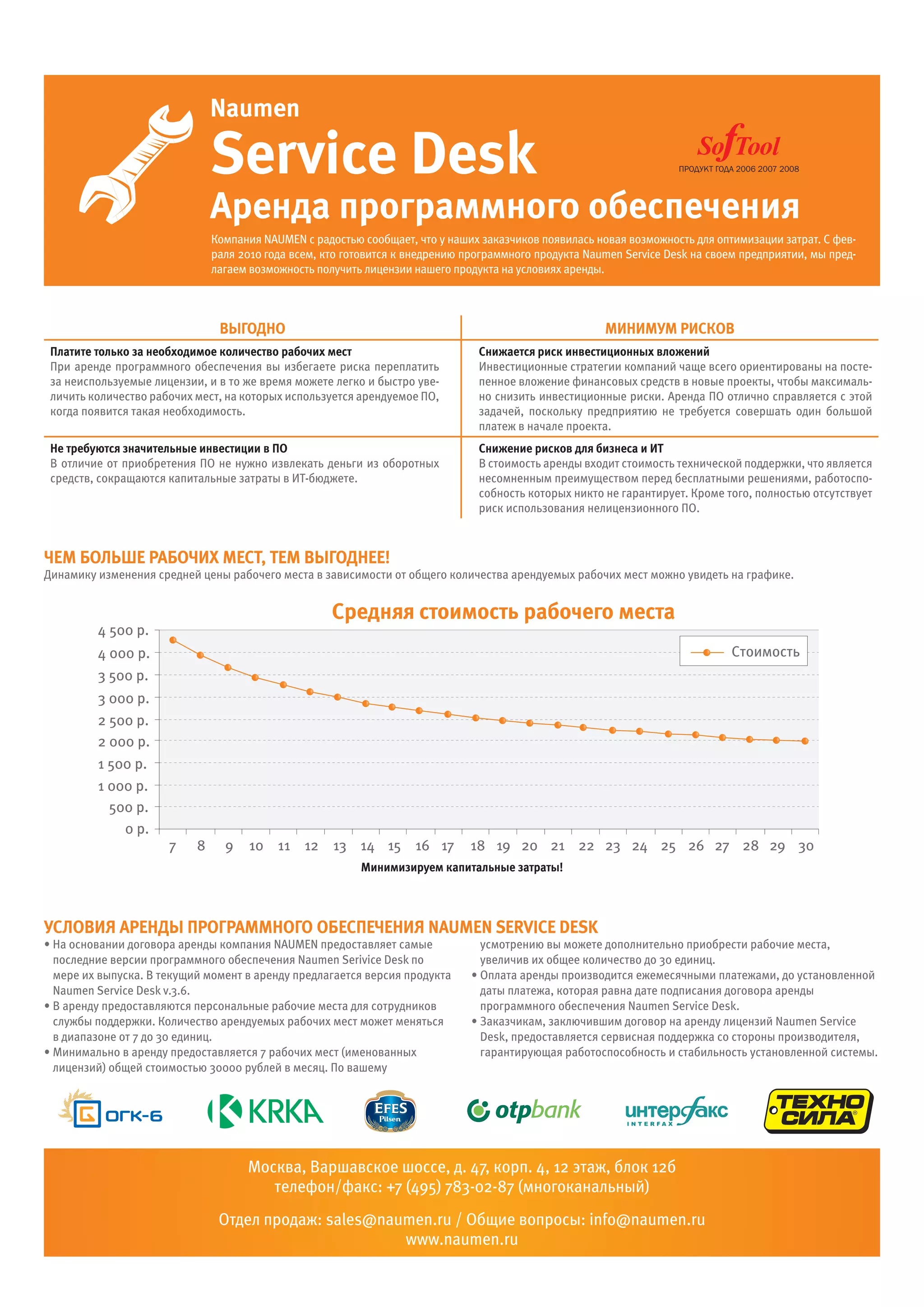 Naumen

                             Service Desk
                             аренда программного обеспечения
                             Компания NAUMEN с радостью сообщает, что у наших заказчиков появилась новая возможность для оптимизации затрат. С фев-
                             раля 2010 года всем, кто готовится к внедрению программного продукта Naumen Service Desk на своем предприятии, мы пред-
                             лагаем возможность получить лицензии нашего продукта на условиях аренды.



                               выгодНо                                                               миНимум рисков
 платите только за необходимое количество рабочих мест                        снижается риск инвестиционных вложений
 При аренде программного обеспечения вы избегаете риска переплатить           Инвестиционные стратегии компаний чаще всего ориентированы на посте-
 за неиспользуемые лицензии, и в то же время можете легко и быстро уве-       пенное вложение финансовых средств в новые проекты, чтобы максималь-
 личить количество рабочих мест, на которых используется арендуемое ПО,       но снизить инвестиционные риски. Аренда ПО отлично справляется с этой
 когда появится такая необходимость.                                          задачей, поскольку предприятию не требуется совершать один большой
                                                                              платеж в начале проекта.
 Не требуются значительные инвестиции в по                                    снижение рисков для бизнеса и ит
 В отличие от приобретения ПО не нужно извлекать деньги из оборотных          В стоимость аренды входит стоимость технической поддержки, что является
 средств, сокращаются капитальные затраты в ИТ-бюджете.                       несомненным преимуществом перед бесплатными решениями, работоспо-
                                                                              собность которых никто не гарантирует. Кроме того, полностью отсутствует
                                                                              риск использования нелицензионного ПО.



чем больше рабочих мест, тем выгодНее!
Динамику изменения средней цены рабочего места в зависимости от общего количества арендуемых рабочих мест можно увидеть на графике.




                                                        минимизируем капитальные затраты!



условия ареНды программНого обеспечеНия NaumEN SErvicE DESk
• На основании договора аренды компания NAUMEN предоставляет самые             усмотрению вы можете дополнительно приобрести рабочие места,
  последние версии программного обеспечения Naumen Serivice Desk по            увеличив их общее количество до 30 единиц.
  мере их выпуска. В текущий момент в аренду предлагается версия продукта    • Оплата аренды производится ежемесячными платежами, до установленной
  Naumen Service Desk v.3.6.                                                   даты платежа, которая равна дате подписания договора аренды
• В аренду предоставляются персональные рабочие места для сотрудников          программного обеспечения Naumen Service Desk.
  службы поддержки. Количество арендуемых рабочих мест может меняться        • Заказчикам, заключившим договор на аренду лицензий Naumen Service
  в диапазоне от 7 до 30 единиц.                                               Desk, предоставляется сервисная поддержка со стороны производителя,
• Минимально в аренду предоставляется 7 рабочих мест (именованных              гарантирующая работоспособность и стабильность установленной системы.
  лицензий) общей стоимостью 30000 рублей в месяц. По вашему




                                    Москва, Варшавское шоссе, д. 47, корп. 4, 12 этаж, блок 12б
                                       телефон/факс: +7 (495) 783-02-87 (многоканальный)
                               Отдел продаж: sales@naumen.ru / Общие вопросы: info@naumen.ru
                                                      www.naumen.ru
 