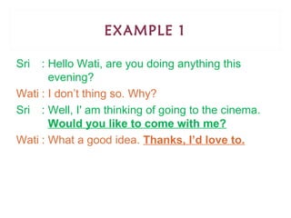 EXAMPLE 1
Sri

: Hello Wati, are you doing anything this
evening?
Wati : I don’t thing so. Why?
Sri : Well, I' am thinking of going to the cinema.
Would you like to come with me?
Wati : What a good idea. Thanks, I’d love to.

 