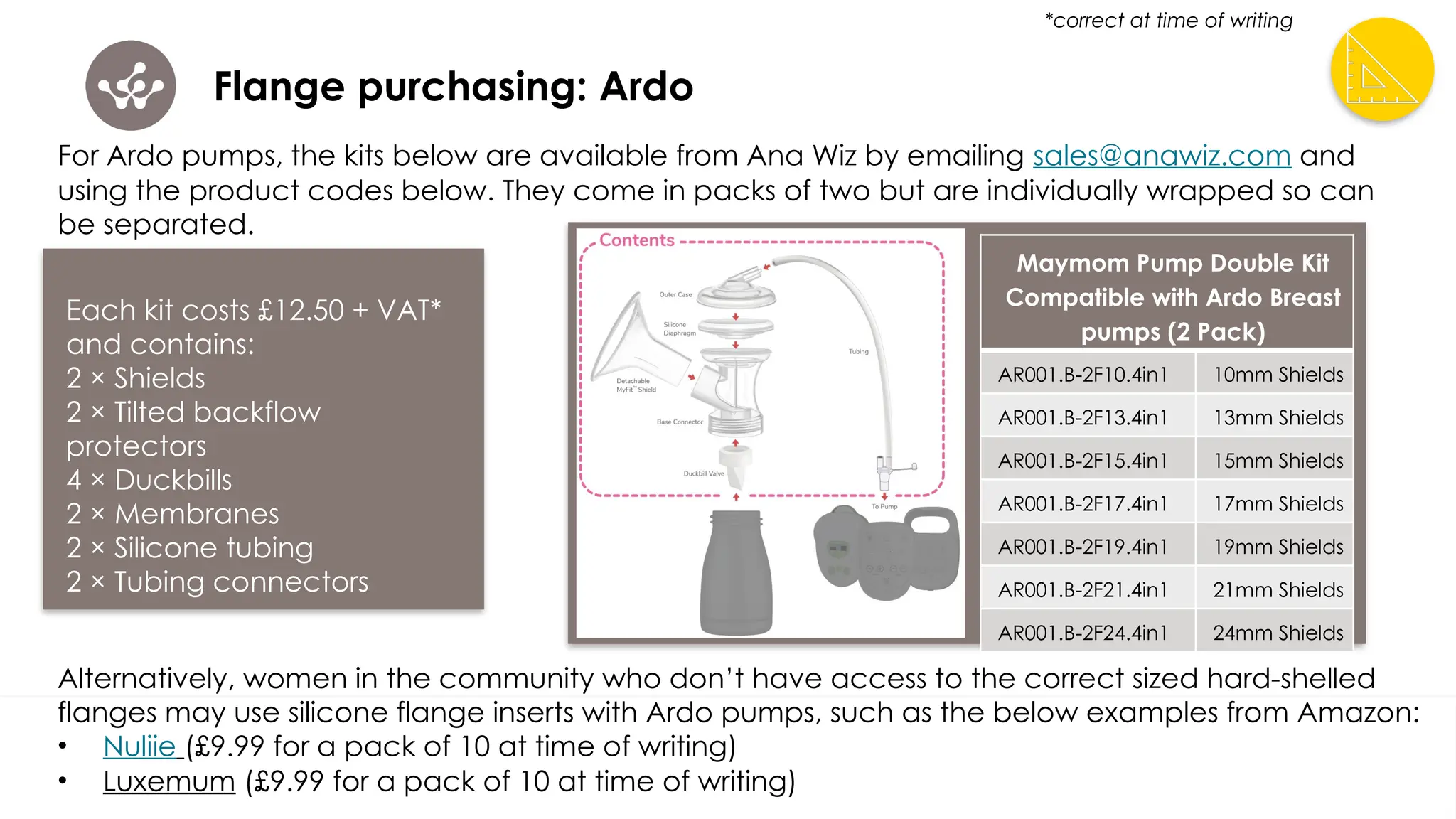 Flange purchasing: Ardo
For Ardo pumps, the kits below are available from Ana Wiz by emailing sales@anawiz.com and
using the product codes below. They come in packs of two but are individually wrapped so can
be separated.
Alternatively, women in the community who don’t have access to the correct sized hard-shelled
flanges may use silicone flange inserts with Ardo pumps, such as the below examples from Amazon:
• Nuliie (£9.99 for a pack of 10 at time of writing)
• Luxemum (£9.99 for a pack of 10 at time of writing)
*correct at time of writing
Each kit costs £12.50 + VAT*
and contains:
2 × Shields
2 × Tilted backflow
protectors
4 × Duckbills
2 × Membranes
2 × Silicone tubing
2 × Tubing connectors
Maymom Pump Double Kit
Compatible with Ardo Breast
pumps (2 Pack)
AR001.B-2F10.4in1 10mm Shields
AR001.B-2F13.4in1 13mm Shields
AR001.B-2F15.4in1 15mm Shields
AR001.B-2F17.4in1 17mm Shields
AR001.B-2F19.4in1 19mm Shields
AR001.B-2F21.4in1 21mm Shields
AR001.B-2F24.4in1 24mm Shields
 