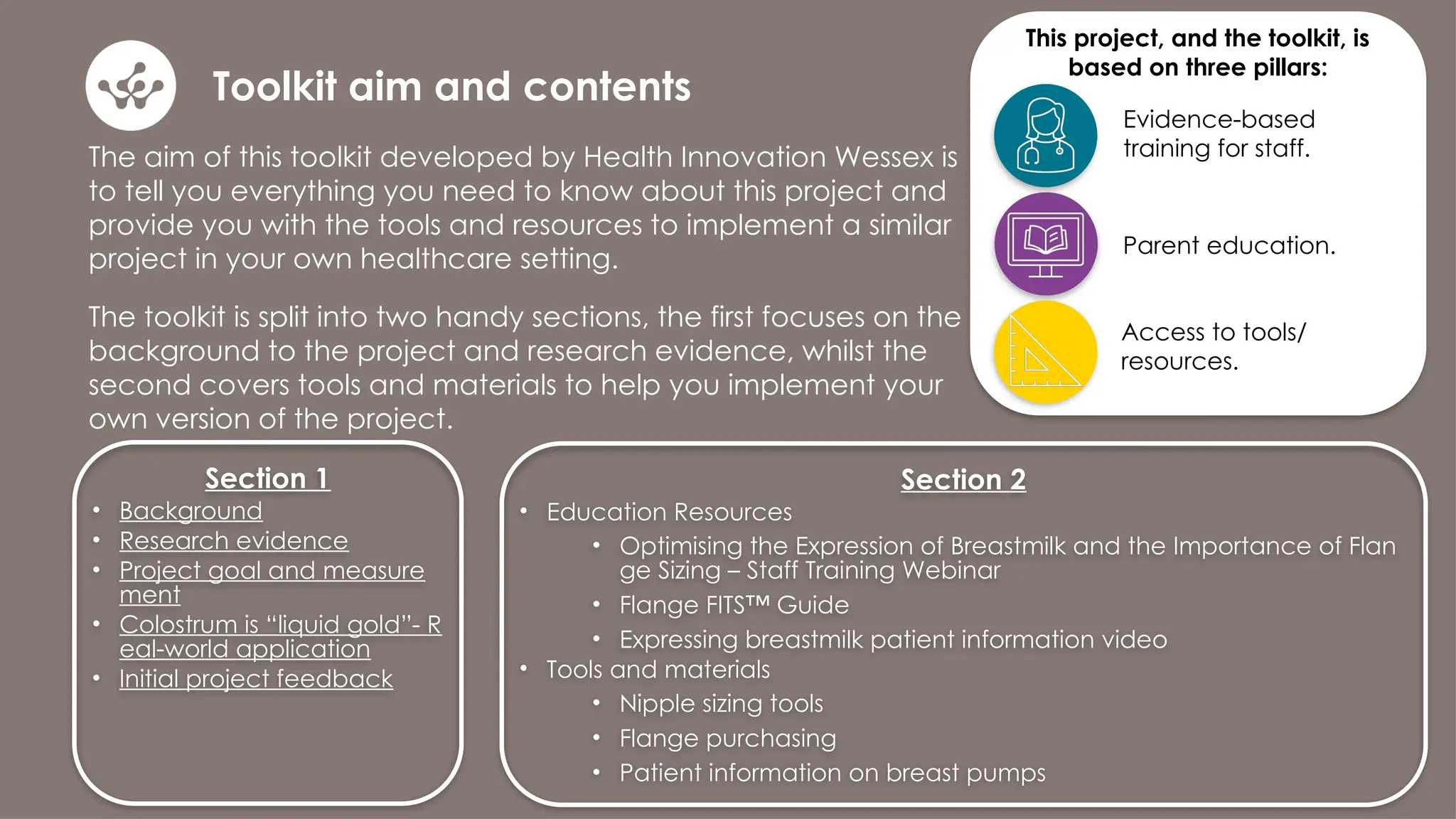 The aim of this toolkit developed by Health Innovation Wessex is
to tell you everything you need to know about this project and
provide you with the tools and resources to implement a similar
project in your own healthcare setting.
The toolkit is split into two handy sections, the first focuses on the
background to the project and research evidence, whilst the
second covers tools and materials to help you implement your
own version of the project.
Section 1
• Background
• Research evidence
• Project goal and measure
ment
• Colostrum is “liquid gold”- R
eal-world application
• Initial project feedback
Section 2
• Education Resources
• Optimising the Expression of Breastmilk and the Importance of Flan
ge Sizing – Staff Training Webinar
• Flange FITS™ Guide
• Expressing breastmilk patient information video
• Tools and materials
• Nipple sizing tools
• Flange purchasing
• Patient information on breast pumps
This project, and the toolkit, is
based on three pillars:
Evidence-based
training for staff.
Parent education.
Toolkit aim and contents
Access to tools/
resources.
 