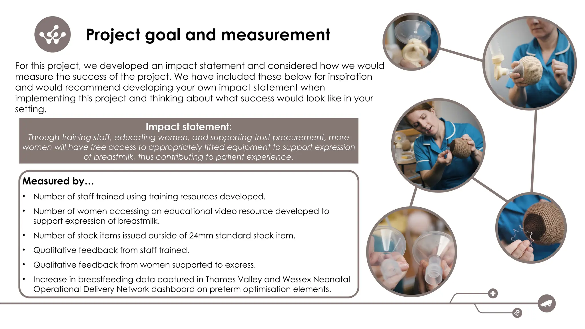 Project goal and measurement
Impact statement:
Through training staff, educating women, and supporting trust procurement, more
women will have free access to appropriately fitted equipment to support expression
of breastmilk, thus contributing to patient experience.
Measured by…
• Number of staff trained using training resources developed.
• Number of women accessing an educational video resource developed to
support expression of breastmilk.
• Number of stock items issued outside of 24mm standard stock item.
• Qualitative feedback from staff trained.
• Qualitative feedback from women supported to express.
• Increase in breastfeeding data captured in Thames Valley and Wessex Neonatal
Operational Delivery Network dashboard on preterm optimisation elements.
For this project, we developed an impact statement and considered how we would
measure the success of the project. We have included these below for inspiration
and would recommend developing your own impact statement when
implementing this project and thinking about what success would look like in your
setting.
 