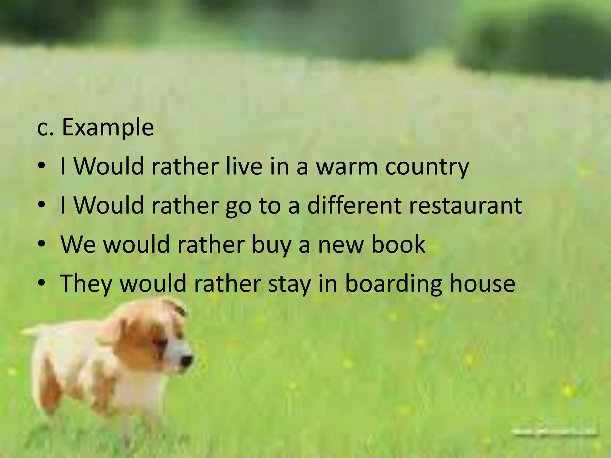 c. Example
• I Would rather live in a warm country
• I Would rather go to a different restaurant
• We would rather buy a new book
• They would rather stay in boarding house
 