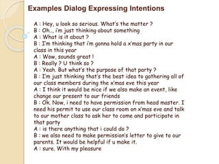 Examples Dialog Expressing Intentions
A : Hey, u look so serious. What’s the matter ?
B : Oh.., i’m just thinking about something
A : What is it about ?
B : I’m thinking that i’m gonna hold a x’mas party in our
class in this year
A : Wow, sounds great !
B : Really ? U think so ?
A : Yeah. But what’s the purpose of that party ?
B : I’m just thinking that’s the best idea to gathering all of
our class members during the x’mas eve this year
A : I think it would be nice if we also make an event, like
change our present to our friends
B : Ok. Now, i need to have permission from head master. I
need his permit to use our class room on x’mas eve and talk
to our mother class to ask her to come and participate in
that party
A : is there anything that i could do ?
B : we also need to make permission’s letter to give to our
parents. It would be helpful if u make it.
A : sure. With my pleasure