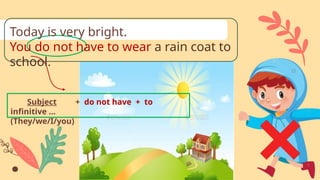 Subject + do not have + to
infinitive …
(They/we/I/you)
Today is very bright.
You do not have to wear a rain coat to
school.
 