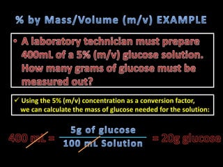  Using the 5% (m/v) concentration as a conversion factor,
 we can calculate the mass of glucose needed for the solution:
 