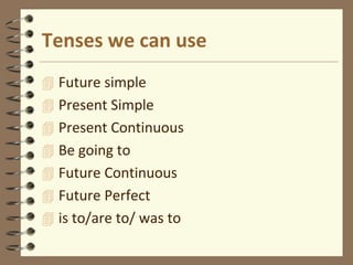 Tenses we can use
 Future simple
 Present Simple
 Present Continuous
 Be going to
 Future Continuous
 Future Perfect...