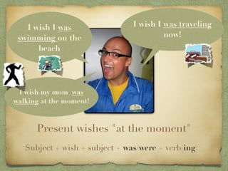 I wish I was                 I wish I was traveling
 swimming on the                         now!
      beach




 I wish my mom was
walking at the moment!



      Present wishes "at the moment"
   Subject + wish + subject + was/were + verb(ing)
 