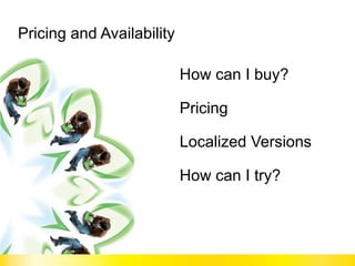 Pricing and Availability How can I buy? Pricing Localized Versions How can I try? 