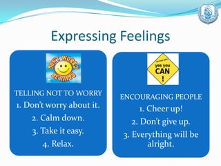 Expressing Feelings
TELLING NOT TO WORRY
1. Don’t worry about it.
2. Calm down.
3. Take it easy.
4. Relax.
ENCOURAGING PEOPLE
1. Cheer up!
2. Don’t give up.
3. Everything will be
alright.
 