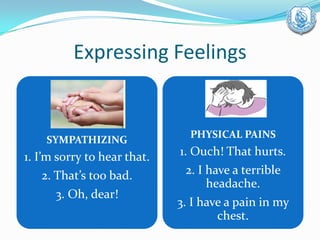 Expressing Feelings
SYMPATHIZING
1. I’m sorry to hear that.
2. That’s too bad.
3. Oh, dear!
PHYSICAL PAINS
1. Ouch! That hurts.
2. I have a terrible
headache.
3. I have a pain in my
chest.
 