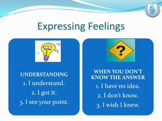 Expressing Feelings
UNDERSTANDING
1. I understand.
2. I got it.
3. I see your point.
WHEN YOU DON’T
KNOW THE ANSWER
1. I have no idea.
2. I don’t know.
3. I wish I knew.
 