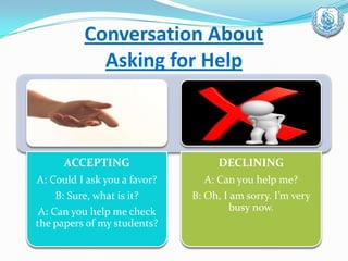 Conversation About
Asking for Help
ACCEPTING
A: Could I ask you a favor?
B: Sure, what is it?
A: Can you help me check
the papers of my students?
DECLINING
A: Can you help me?
B: Oh, I am sorry. I’m very
busy now.
 