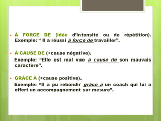  À FORCE DE (idée d’intensité ou de répétition).
Exemple: “ Il a réussi à force de travailler”.
 À CAUSE DE (+cause négative).
Exemple: “Elle est mal vue à cause de son mauvais
caractère”.
 GRÂCE À (+cause positive).
Exemple: “Il a pu rebondir grâce à un coach qui lui a
offert un accompagnement sur mesure”.
 