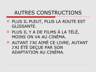 AUTRES CONSTRUCTIONS






PLUS IL PLEUT, PLUS LA ROUTE EST
GLISSANTE.
PLUS IL Y A DE FILMS À LA TÉLÉ,
MOINS ON VA AU CINÉMA.
AUTANT J’AI AIMÉ CE LIVRE, AUTANT
J’AI ÉTÉ DEÇUE PAR SON
ADAPTATION AU CINÉMA.

 