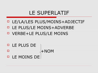 LE SUPERLATIF



LE/LA/LES PLUS/MOINS+ADJECTIF
LE PLUS/LE MOINS+ADVERBE
VERBE+LE PLUS/LE MOINS



LE PLUS DE




+NOM




LE MOINS DE

 