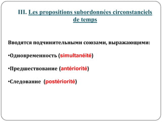 III. Les propositions subordonnées circonstanciels
                        de temps


Вводятся подчинительными союзами, выражающими:

•Одновременность (simultanéité)

•Предшествование (antériorité)

•Следование (postériorité)
 