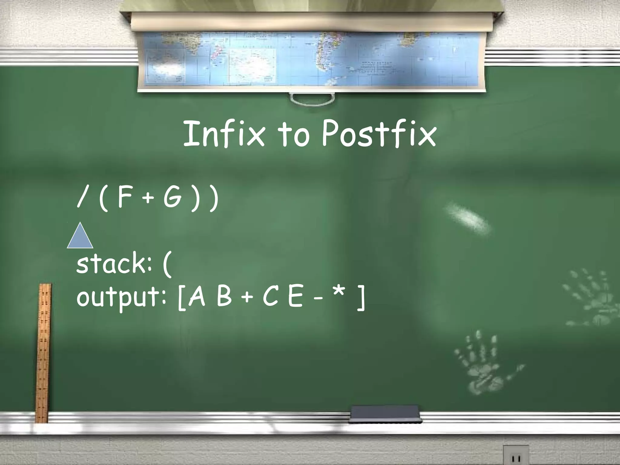 Infix to Postfix
/ ( F + G ) )
stack: (
output: [A B + C E - * ]
 