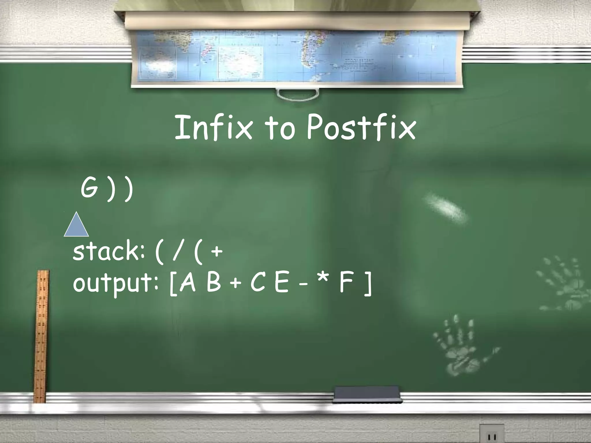 Infix to Postfix
G ) )
stack: ( / ( +
output: [A B + C E - * F ]
 