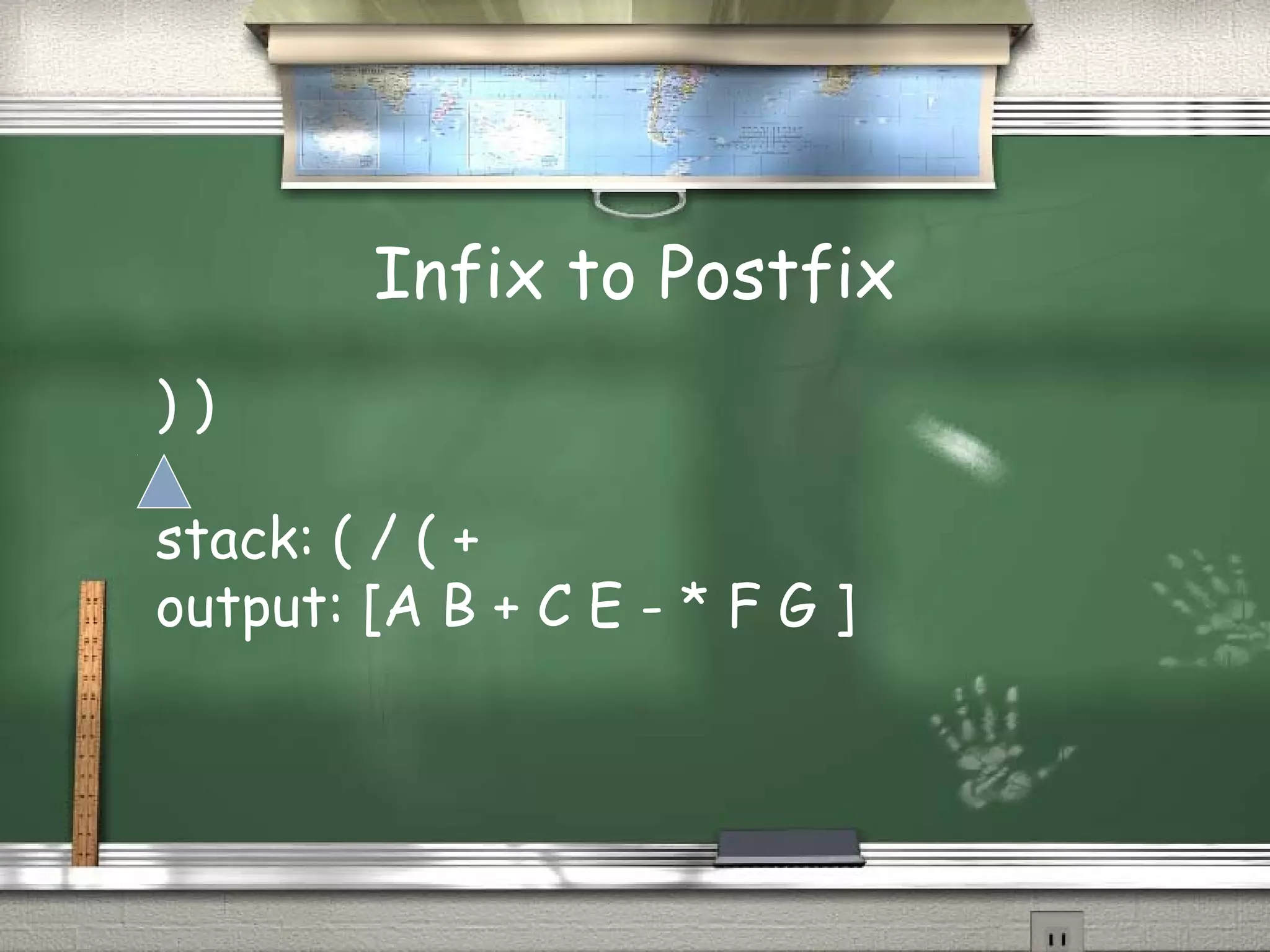Infix to Postfix
) )
stack: ( / ( +
output: [A B + C E - * F G ]
 