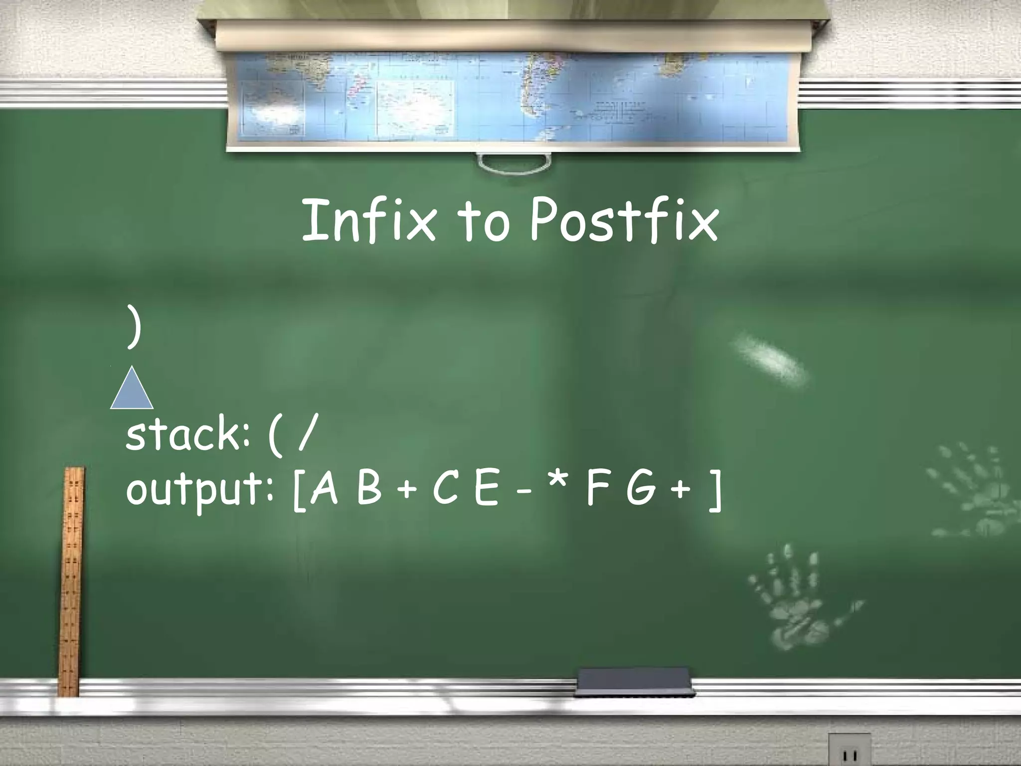 Infix to Postfix
)
stack: ( /
output: [A B + C E - * F G + ]
 