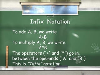 Infix Notation
To add A, B, we write
A+B
To multiply A, B, we write
A*B
The operators ('+' and '*') go in
between the operands ('A' and 'B')
This is "Infix" notation.
 