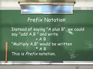 Prefix Notation
Instead of saying "A plus B", we could
say "add A,B " and write
+ A B
"Multiply A,B" would be written
* A B
This is Prefix notation.
 
