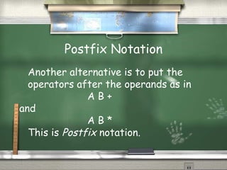 Postfix Notation
Another alternative is to put the
operators after the operands as in
A B +
and
A B *
This is Postfix notation.
 