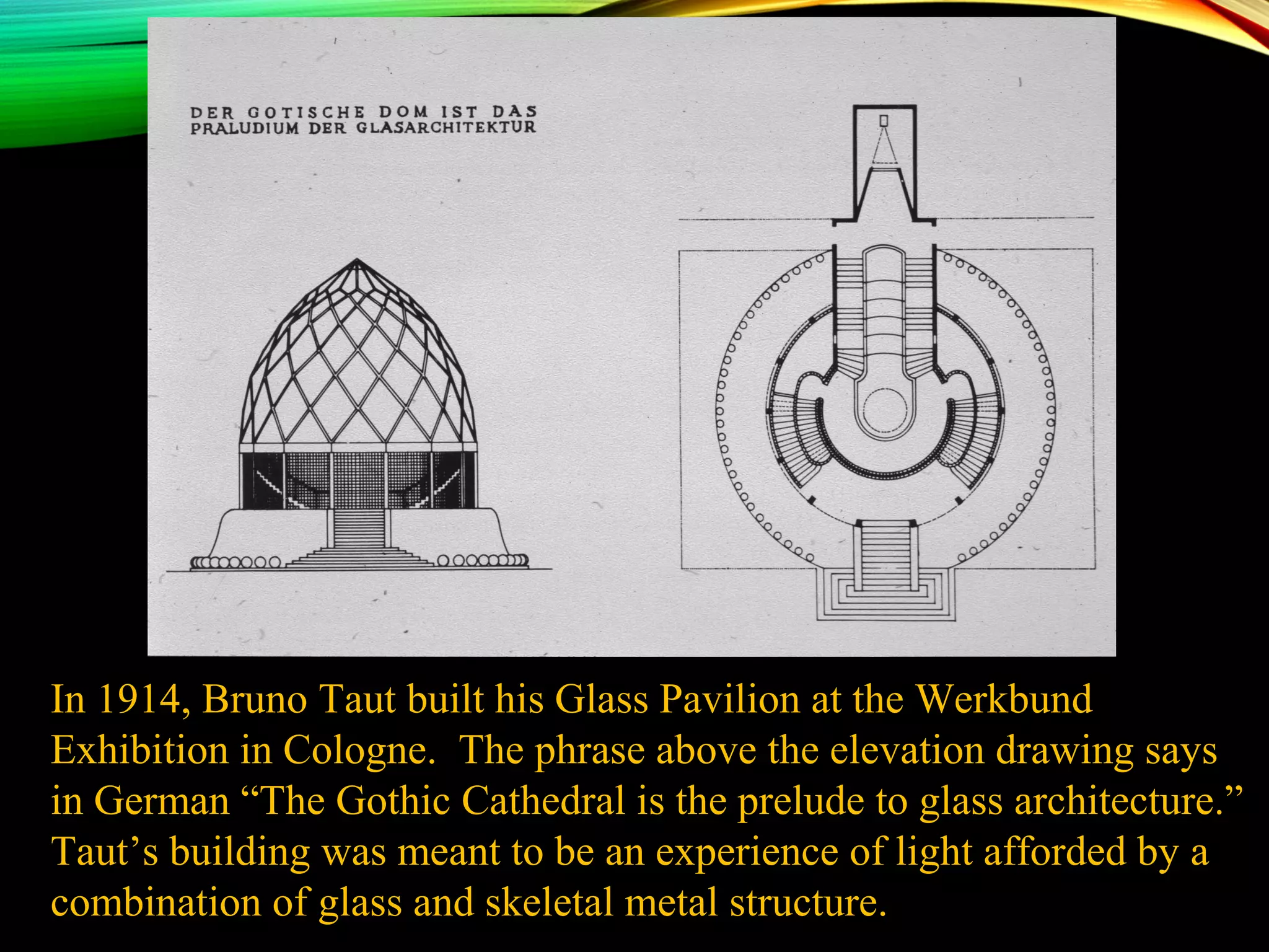 In 1914, Bruno Taut built his Glass Pavilion at the Werkbund
Exhibition in Cologne. The phrase above the elevation drawing says
in German “The Gothic Cathedral is the prelude to glass architecture.”
Taut’s building was meant to be an experience of light afforded by a
combination of glass and skeletal metal structure.
 