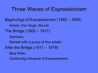 Three Waves of Expressionism
Beginnings of Expressionism (1880 – 1905)
  Artists: Van Gogh, Munch
The Bridge (1905 – 1911)
  Germany
  Started with a group of four artists
After the Bridge (1911 – 1919)
  Blue Rider
  Continuing influence of Expressionism
 