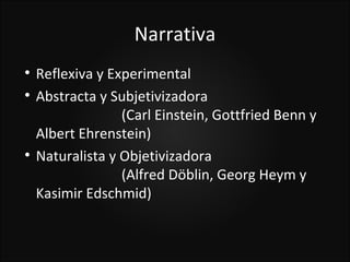 Narrativa

    Reflexiva y Experimental

    Abstracta y Subjetivizadora
                  (Carl Einstein, Gottfried Benn y
    Albert Ehrenstein)

    Naturalista y Objetivizadora
                  (Alfred Döblin, Georg Heym y
    Kasimir Edschmid)
 