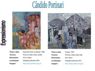 Expressionismo Cândido Portinari Título e data: Descobrimento do Brasil, 1956 Técnica: Pintura a óleo sobre cartão Dimensões: 34.2 x 26cm Localização: Coleção particular (SP) Imagem: http://www.portinari.org.br Título e data: Favela, 1957 Técnica: Pintura a óleo sobre tela Dimensões: 46 x 55cm Localização: Coleção particular (RJ) Imagem: http://www.portinari.org.br 