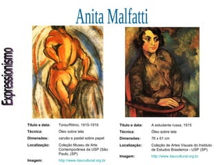 Expressionismo Anita Malfatti Título e data: Torso/Ritmo, 1915-1916 Técnica: Óleo sobre tela Dimensões: carvão e pastel sobre papel Localização: Coleção Museu de Arte Contemporânea da USP (São Paulo, (SP) Imagem: http://www.itaucultural.org.br Título e data: A estudante russa, 1915 Técnica: Óleo sobre tela Dimensões: 76 x 61 cm  Localização: Coleção de Artes Visuais do Instituto de Estudos Brasileiros - USP (SP) Imagem: http://www.itaucultural.org.br 