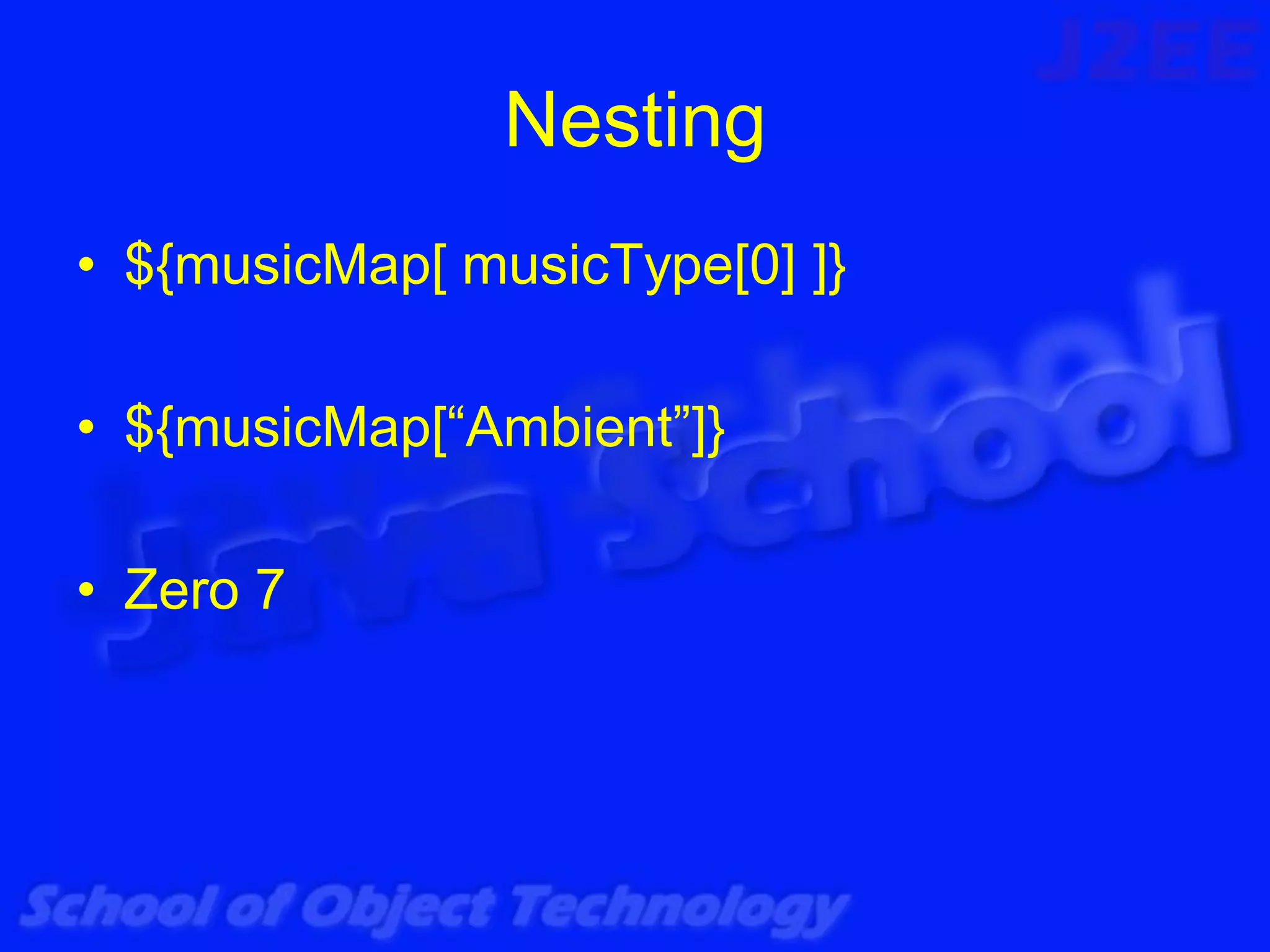 Nesting
• ${musicMap[ musicType[0] ]}

• ${musicMap[“Ambient”]}

• Zero 7
 