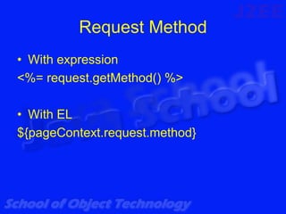 Request Method
• With expression
<%= request.getMethod() %>

• With EL
${pageContext.request.method}
 
