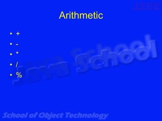 Arithmetic
•   +
•   -
•   *
•   /
•   %
 
