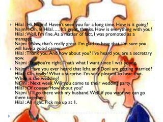    Hilal : Hi, Najmi! Haven’t seen you for a long time. How is it going?
    Najmi : Oh, hi Hilal….. It’s great, thanks. How is everything with you?
    Hilal : Well, I’m fine. As a matter of fact, I was promoted as a
    manager.
    Najmi : Wow, that’s really great. I’m glad to hear that. I’m sure you
    will have a good career.
    Hilal : Thank you. And how about you? I’ve heard you are a secretary
    now.
    Najmi : Yes, you’re right. That’s what I want since I was young.
   Najmi : Have you ever heard that Icha and Doni are getting married?
    Hilal : Oh, really? What a surprise. I’m very pleased to hear that.
    When is the wedding?
    Najmi : Next week. Will you come to their wedding party.
    Hilal : Of course. How about you?
    Najmi : I’ll go there with my husband. Well, if you want we can go
    there together.
    Hilal : All right. Pick me up at 1.
 
