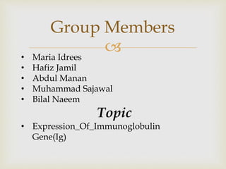 
Group Members
• Maria Idrees
• Hafiz Jamil
• Abdul Manan
• Muhammad Sajawal
• Bilal Naeem
Topic
• Expression_Of_Immunoglobulin
Gene(Ig)
 