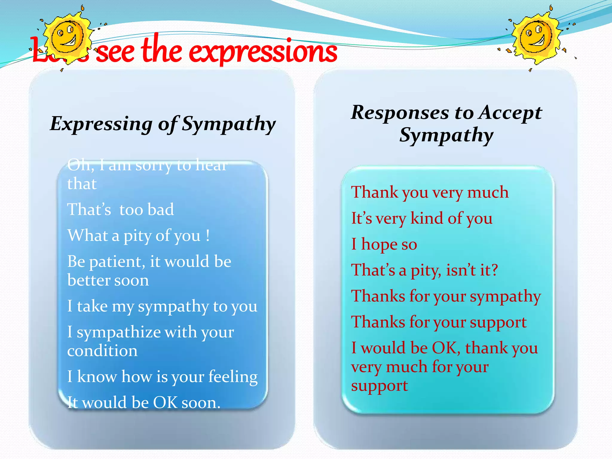 Let’s see the expressions
Expressing of Sympathy
Oh, I am sorry to hear
that
That’s too bad
What a pity of you !
Be patient, it would be
better soon
I take my sympathy to you
I sympathize with your
condition
I know how is your feeling
It would be OK soon.
Responses to Accept
Sympathy
Thank you very much
It’s very kind of you
I hope so
That’s a pity, isn’t it?
Thanks for your sympathy
Thanks for your support
I would be OK, thank you
very much for your
support
 