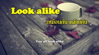 Look alike
เหมือนกัน คล้ายกัน
You all look alike.
พวกเธอทั้งหมดนี่ดูคล้ายกัน
 