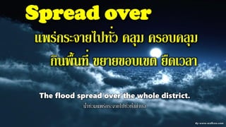 Spread over
แพร่กระจายไปทั่ว คลุม ครอบคลุม
กินพื้นที่ ขยายขอบเขต ยืดเวลา
The flood spread over the whole district.
น้าท่วมแพร่กระจายไปทั่วทั้งตาบล
 