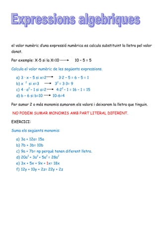el valor numèric d’una expressió numèrica es calcula substituint la lletra pel valor
donat.
Per exemple: X-5 si la X=10

10 – 5 = 5

Calcula el valor numèric de les següents expressions.
a) 3 · x – 5 si x=2
b) x

2

si x=3

c) 4 · a2 – 1 si a=2
d) b – 6 si b=10

3·2 – 5 = 6 – 5 = 1
32 = 3·3= 9
4·22 – 1 = 16 – 1 = 15
10-6=4

Per sumar 2 o més monomis sumarem els valors i deixarem la lletra que tinguin.
NO PODEM SUMAR MONOMIS AMB PART LITERAL DIFERENT.
EXERCICI:
Suma els següents monomis:
a) 3a + 12a= 15a
b) 7b + 3b= 10b
c) 9a + 7b= np perquè tenen diferent lletra.
d) 20a2 + 3a2 + 5a2 = 28a2
e) 3x + 5x + 9x + 1x= 18x
f) 12y + 10y + 2z= 22y + 2z

 