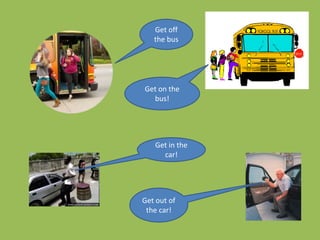 Get off
the bus
Get on the
bus!
Get in the
car!
Get out of
the car!
 