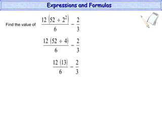 Find the value of  Expressions and Formulas  